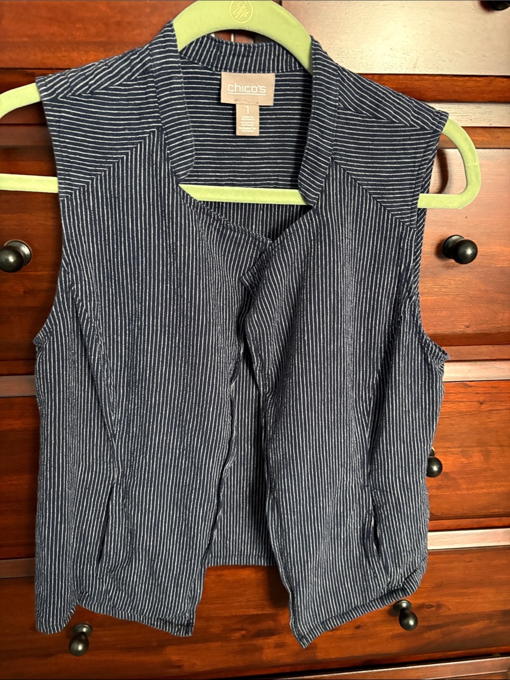 Chico's Navy and White Pinstripe Sleeveless Open-Front Vest